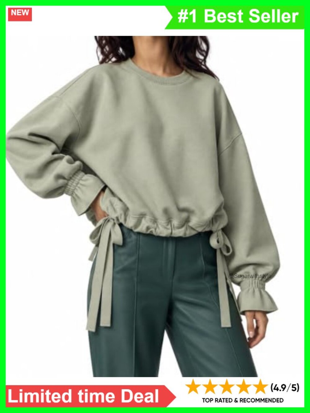 Women's Oversized Crewneck Sweatshirt Cotton Blend Tie Waist Pullover